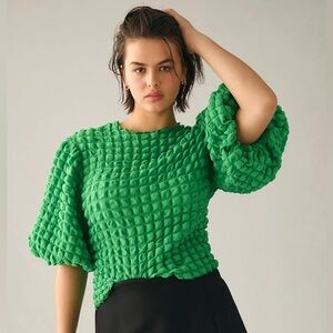 Anthropologie Eri + Ali Green Textured Puff-Sleeve Top XL